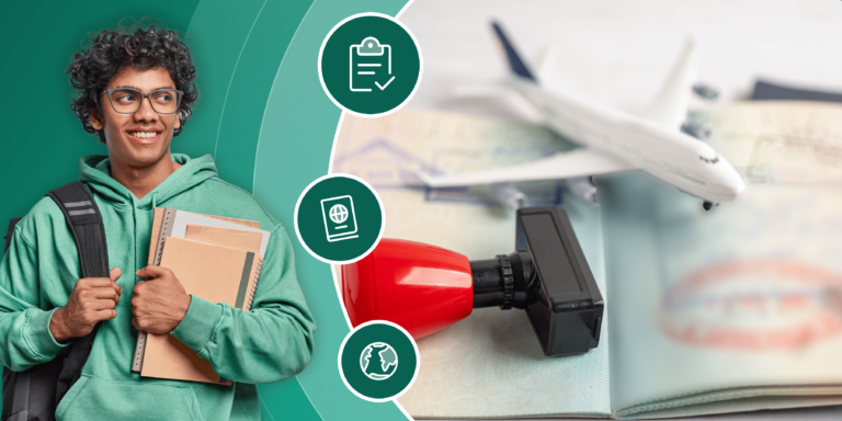 A green banner featuring a student wearing glasses and a green hoodie holding books, a stamped passport with a small plane on it, and illustrations of a checklist, passport, and globe