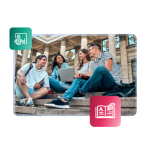 A group of students sit on the steps of a campus building.