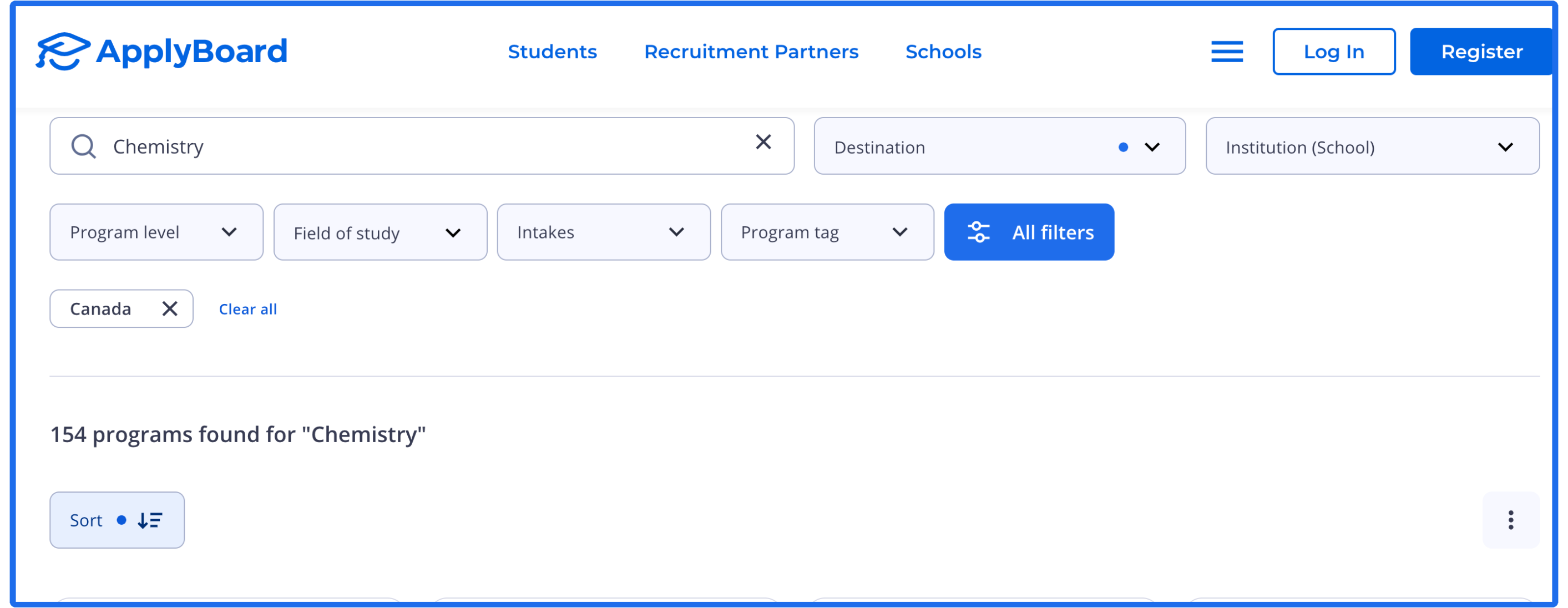Search results on the ApplyBoard platform can be further customized using different filters like location (city/state), intake date, and program tags.