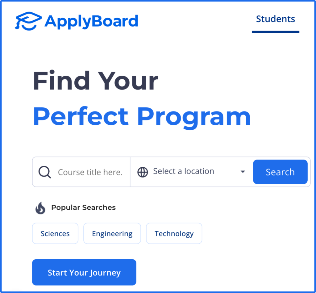 Blue and black text on a white background, reading: ApplyBoard - Find Your Perfect Program, with fields for study program and destination, and a blue Search button.