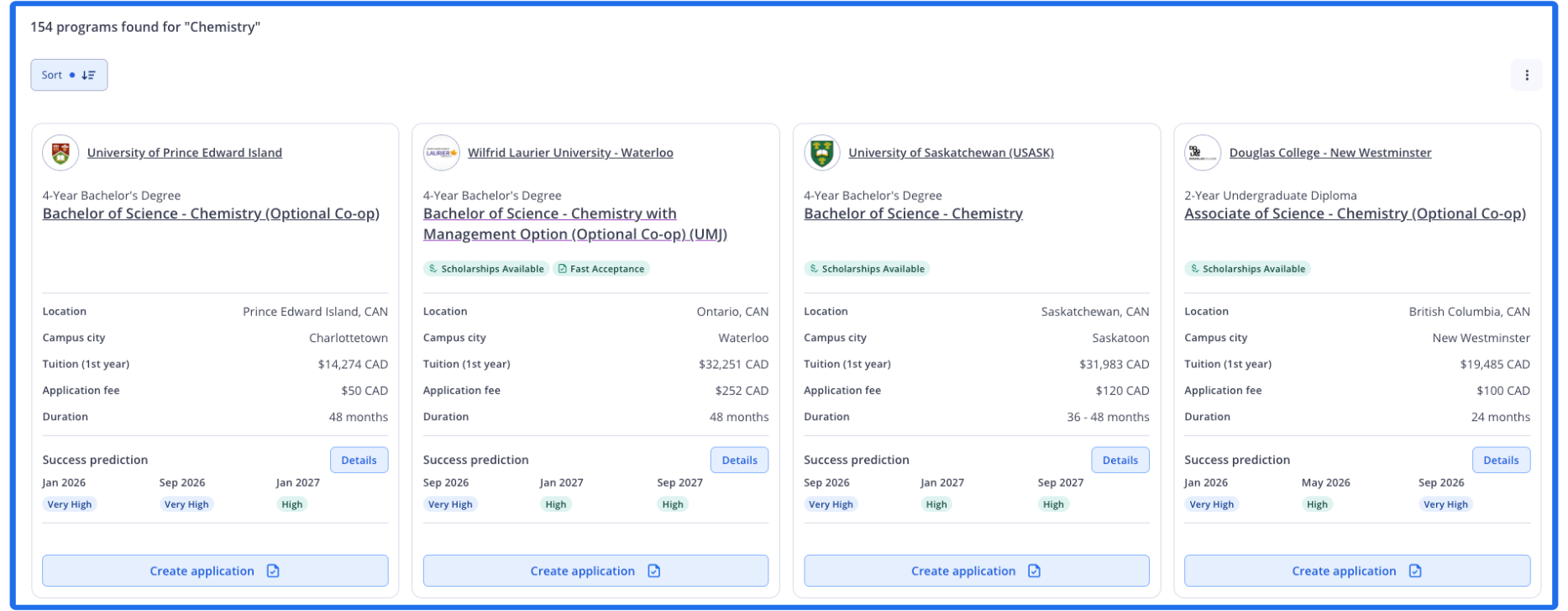 Search results on the ApplyBoard platform are organized into cards which highlight key details of the programs, from course name and location to intake dates.