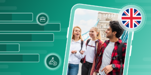 Three international students in a green frame with an illustration of a UK flag and a chart