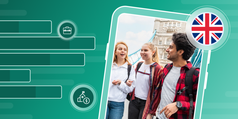 Three international students in a green frame with an illustration of a UK flag and a chart