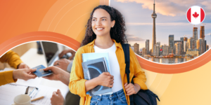 A female international student holds her backpack and books. She is framed with images of documentation and the Toronto, Canada skyline featuring the CN Tower, a tall, needle-like building.