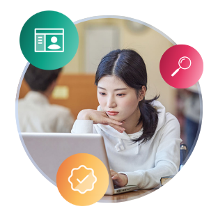 A female Asian international student looks thoughtfully at an open laptop. She is framed by illustrated images of a profile page, magnifying glass, and checkmark within a round button.