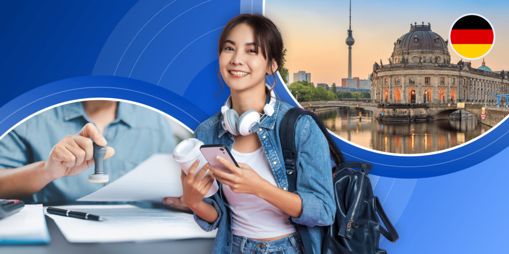 A female student wearing a jean jacket, headphones, and blue backpacks holds a coffee cup and cellphone in front of a blue background, with circular images of Berlin and a document being stamped