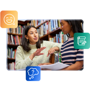 Two students talk to each other in a library full of books, illustrations of a smiling face, notepad, and question mark