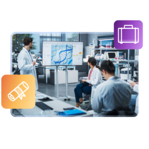 Three students listen to a professor speak in a science lab