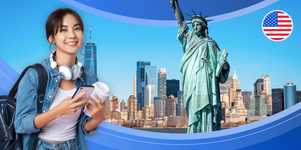 A picture of a female international student holding a coffee cup and phone while wearing a backpack, standing in front of a blue illustration banner that features a picture of New York and the Statue of Liberty