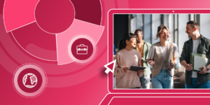 International students walk together on campus. They're framed by a red illustrated background with a globe icon and a briefcase icon.