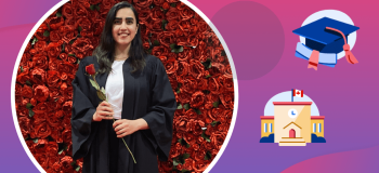An image of international student Dorna at her graduation with an image of a school and graduation cap.