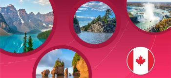 A variety of Canadian landscapes: the Rocky Mountains and a blue-green lake; Bay of Fundy sandstone rocks at low tide, Niagara Falls, and a rocky lakeside