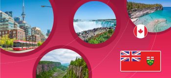 Various scenes depicting Ontario landscapes, from downtown Toronto towers to Niagara Falls and the rocky hills and beaches of Northern Ontario.