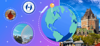 A photograph of Quebec's Chateau Frontenac (an impressive yellow brick castle on a hill), framed by illustrations of a globe, a passport stamp, and other views of Quebec.