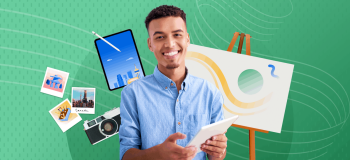 Illustration of male student surrounded by graphical depictions of visual arts