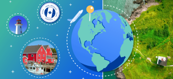 A mixture of photos of places on the east coast and illustrations of the world and Canadian flag.