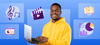 An illustration of a male student on a laptop, with spot illustrations of music notes, films, and books around him.