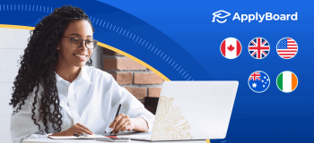 An image of a female student in front of a laptop, with five country's flags alongside the ApplyBoard logo to her right, representing how ApplyBoard helps students