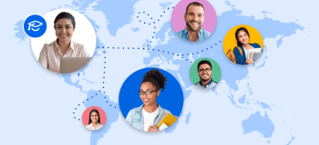 A world map featuring photos of various international students, showing dotted line routes to show how ApplyBoard has helped students from around the world study abroad in various destination countries.