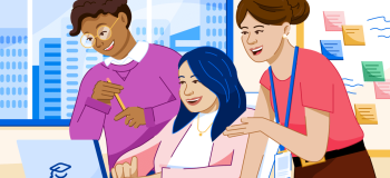 Illustration of team members around laptop