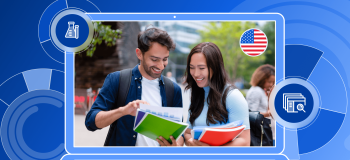 An illustration of a laptop featuring a picture of two students on its screen, next to a round illustration of the US flag, all on a blue background