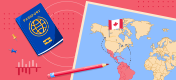 A map of Latin America with arrows pointing at Canada next to a pencil and passport