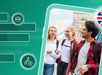 Three international students in a green frame with an illustration of a UK flag and a chart