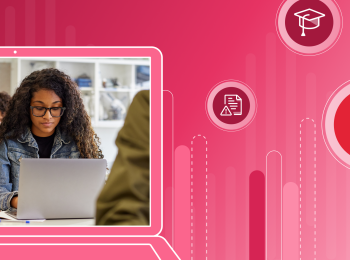 In an illustration of a laptop screen, a photo of an international student sitting looking at their own laptop, all on top of a red banner that features an illustration of a generic column chart and a Canada flag