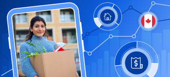 An international student holds a moving box full of stuff, on a blue background with illustrations of a Canada flag, a receipt, and some data lines