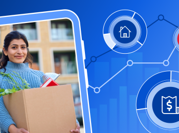 An international student holds a moving box full of stuff, on a blue background with illustrations of a Canada flag, a receipt, and some data lines