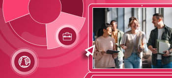 International students walk together on campus. They're framed by a red illustrated background with a globe icon and a briefcase icon.