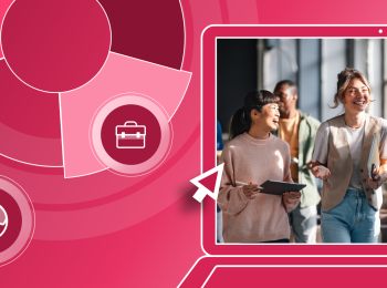 International students walk together on campus. They're framed by a red illustrated background with a globe icon and a briefcase icon.