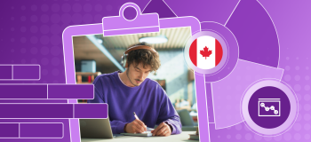 International student writing on a piece of paper, along with illustrations of a Canada flag, a clipboard, and two graphs