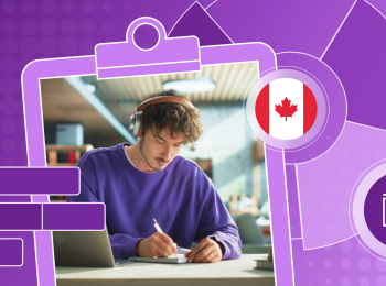 International student writing on a piece of paper, along with illustrations of a Canada flag, a clipboard, and two graphs