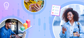 Two women and a man in separate images, each looking at devices, framed by a blue and purple background. A bar chart and a questionnaire graphic are image accents.