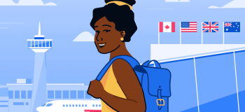 An international student with a backpack, arriving at her destination country ready to start studying.