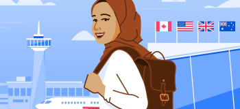An illustration of a student arriving at Toronto's international airport.