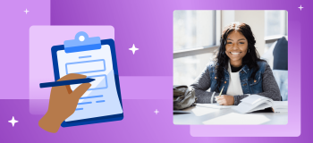 A photograph of a smiling student with an illustration of a checklist beside her, on top of a purple illustrated background.
