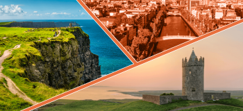 A montage image showing three photos of Ireland, including the Cliffs of Moher, the city of Dublin, and Doonagore Castle.