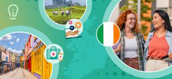 A green banner featuring photos of scenes of Ireland, including two international students talking and laughing with one another.