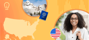 A smiling student, a US flag, a map of the US, and Mount Rushmore.