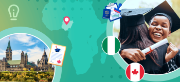 Canadian Parliament, a pair of Nigerian graduates embracing, the Nigerian flag, the Canadian flag, and an approved study permit.