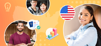 Multicultural international students look into the camera, framed against an illustrated backdrop of the US map, visa documents, and the American flag.