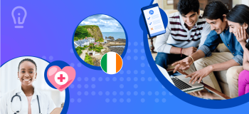 A banner with pictures illustrating health programs, Ireland, and students studying.