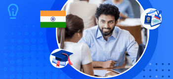 A pair of students, a graduation cap and diploma, and the Indian flag.