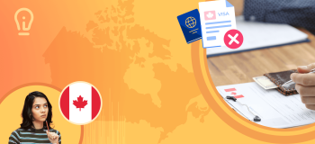 A student thinking, an immigration official filling in a Canadian student visa application, a Canadian flag.