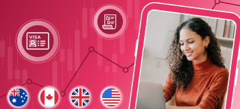 A young woman looks at a laptop in an office space. She is framed by a red illustrated background, and four illustrated flag logos: Australia, Canada, the UK, and the US.