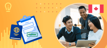 A trio of students smiling as they work, a passport, a clipboard, and a Canadian flag.