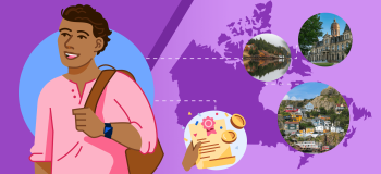 An illustrated map of Canada, overlaid by pictures of Atlantic Canada and a scholarship graphic. An illustration of a student is adjacent to the map.
