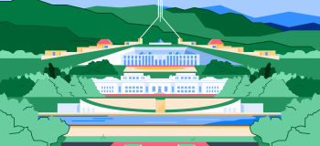 An illustrated scene of a school campus in Canberra, Australia.